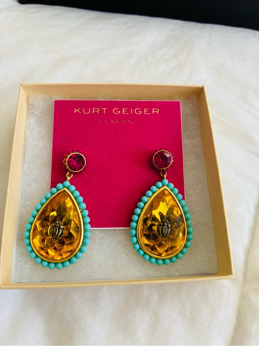 Kurt Geiger Gold and Turquoise Earrings, New, original price $178.00. - Picture 5 of 7